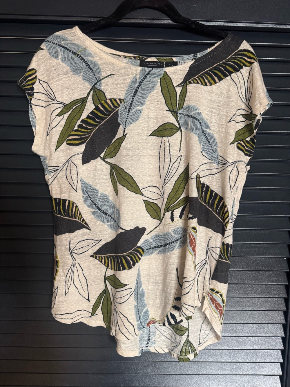 Tahari 100% Linen Botanical Leaf Print Top Large